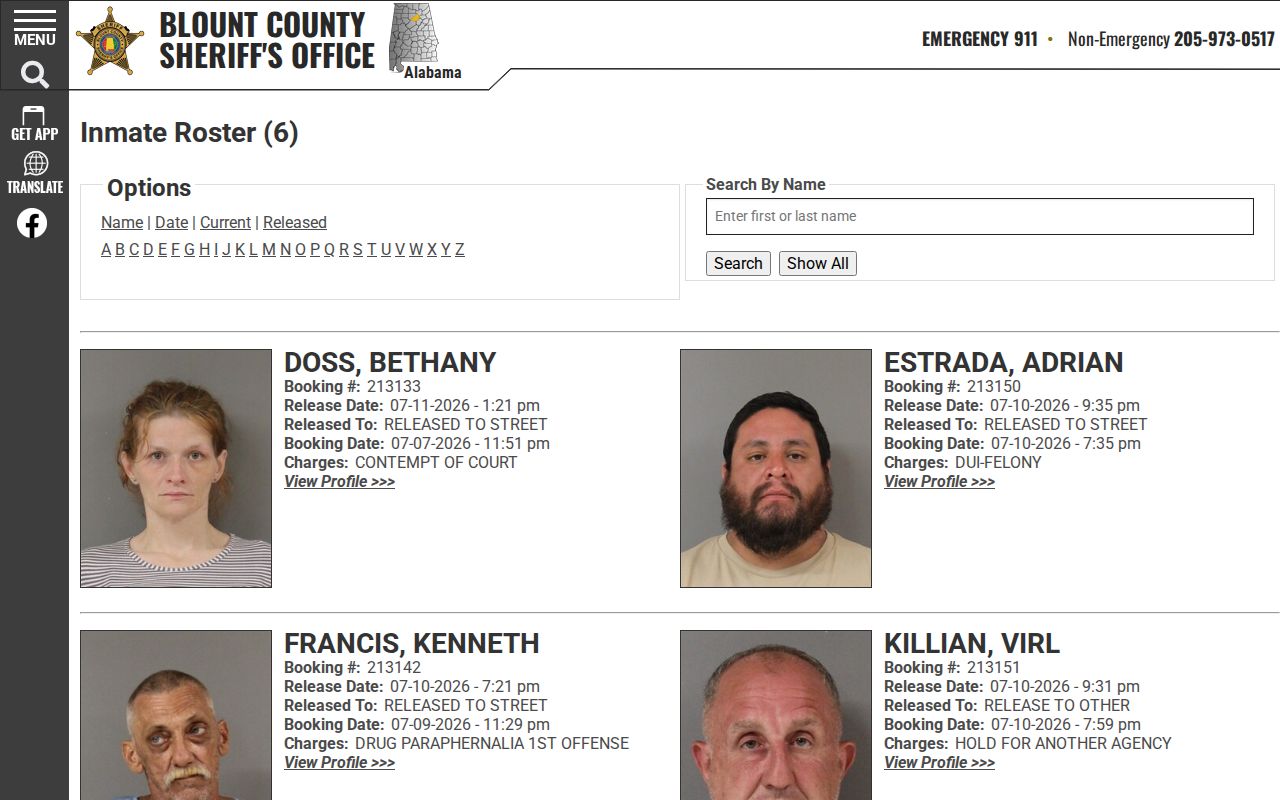Blount County 72-hour release roster sort view