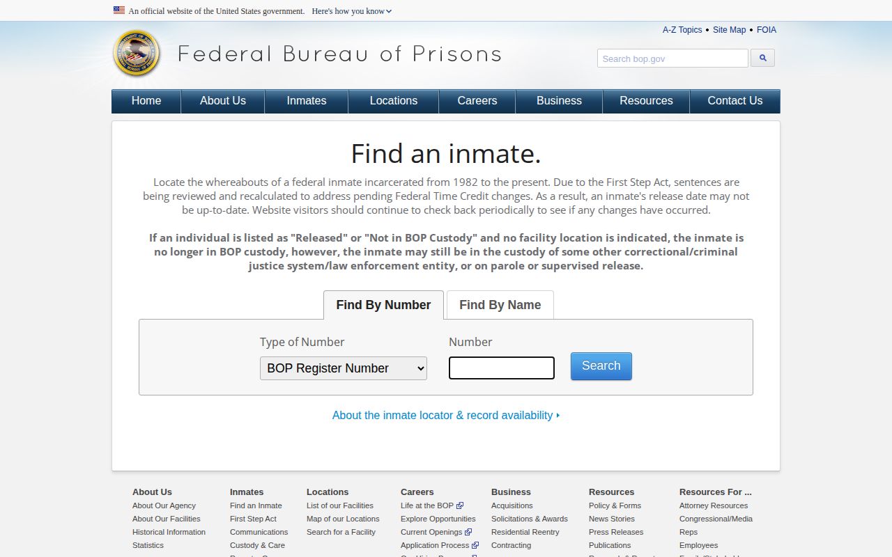 Federal Bureau of Prisons inmate locator for Blount County federal release checks