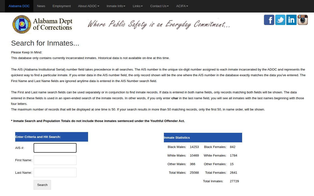 Alabama Department of Corrections current inmate search page
