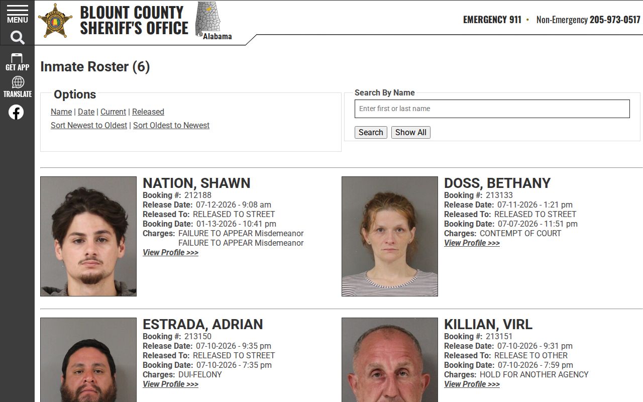 Blount County sheriff released roster showing release date and released-to fields